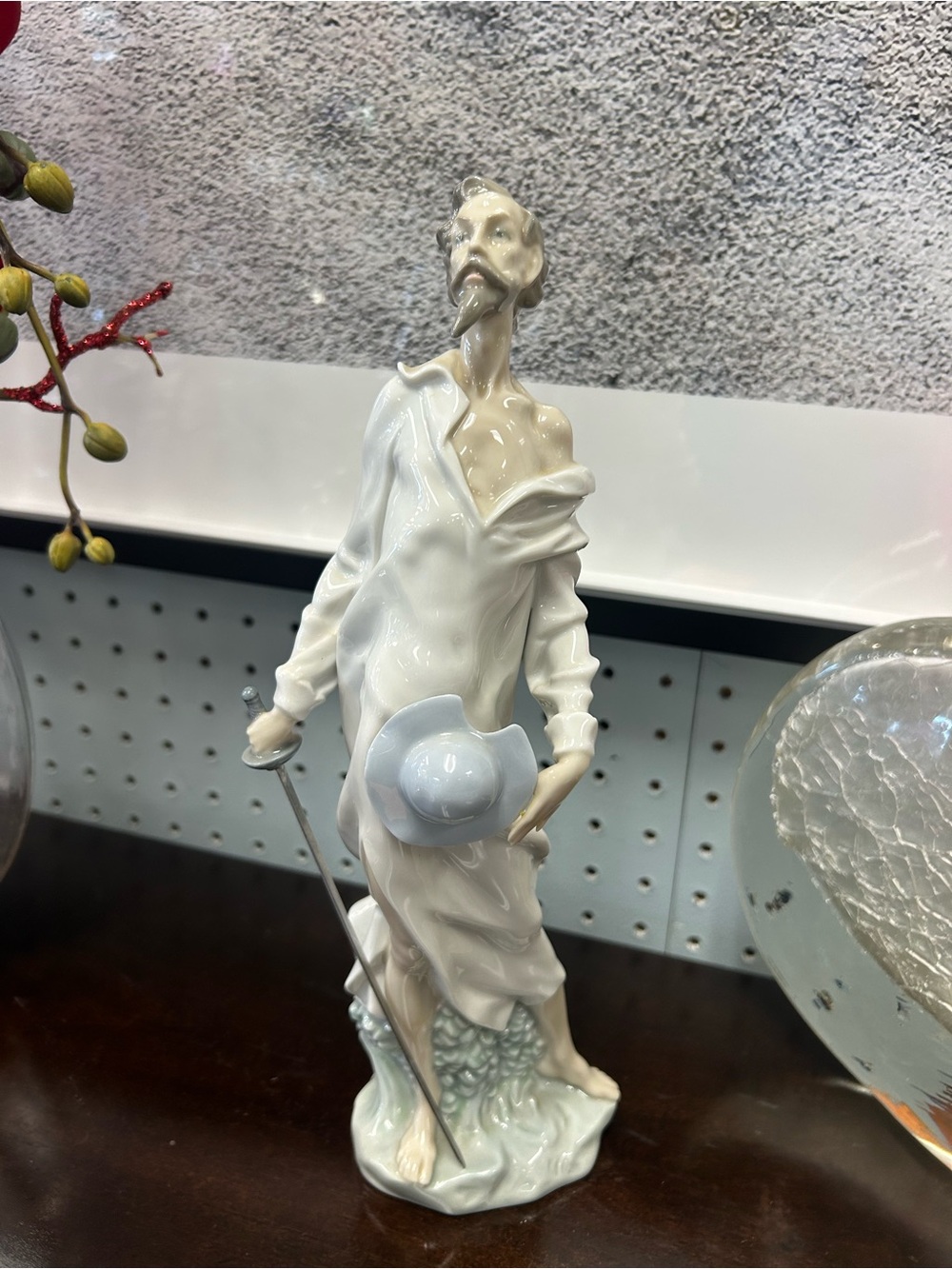 Elegant Ceramic Don Quixote Figurine in White and Light Blue